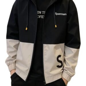 Image of “AniSom” Men’s Jacket with Full Sleeves Front Zipper and Hoodie Design For Casual Wear (Black & Grey M)