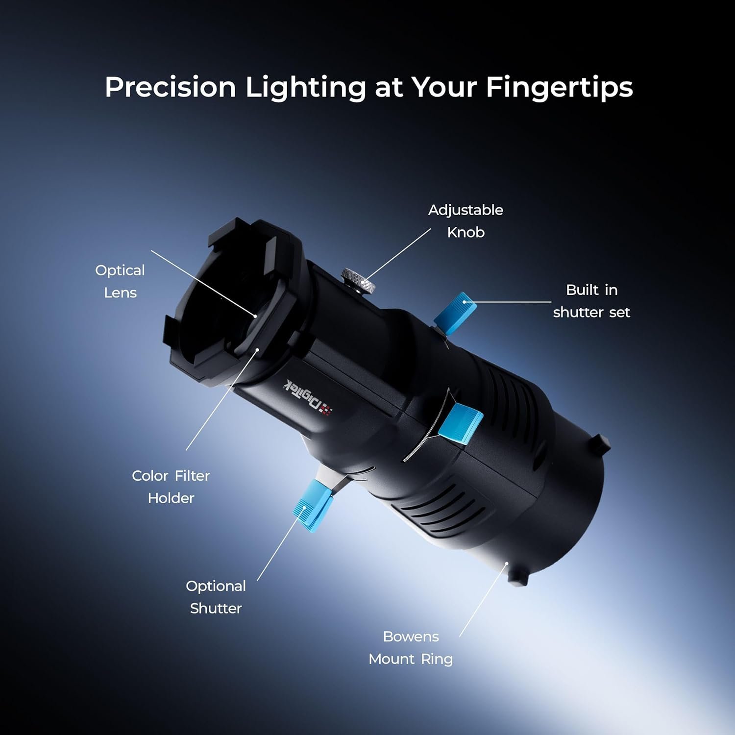 Digitek® (DS 220) Bowens Mount Optical Snoot Kit with 20 Stainless Steel GOBOs & 4X Color Gels (Red/Yellow/Green/Blue), Multifunction Focus Ring, Premium Metal Construction - Image 7