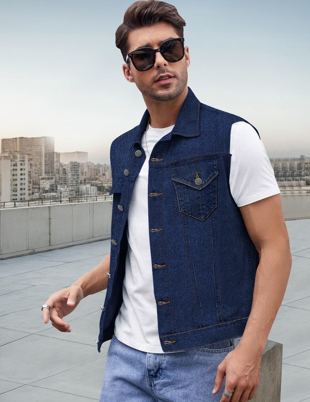 Urbano Fashion Men's Regular Fit Washed Sleeveless Denim Jacket - Image 2