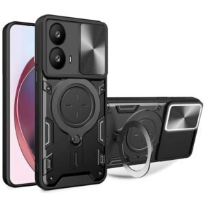 SPAZY CASE® Oppo A5 Pro 5G Back Case | Hybrid Case with 360 Degree Rotating Finger Ring Holder + Slider Shutter Camera Protection Case for Oppo A5 Pro 5G – Black