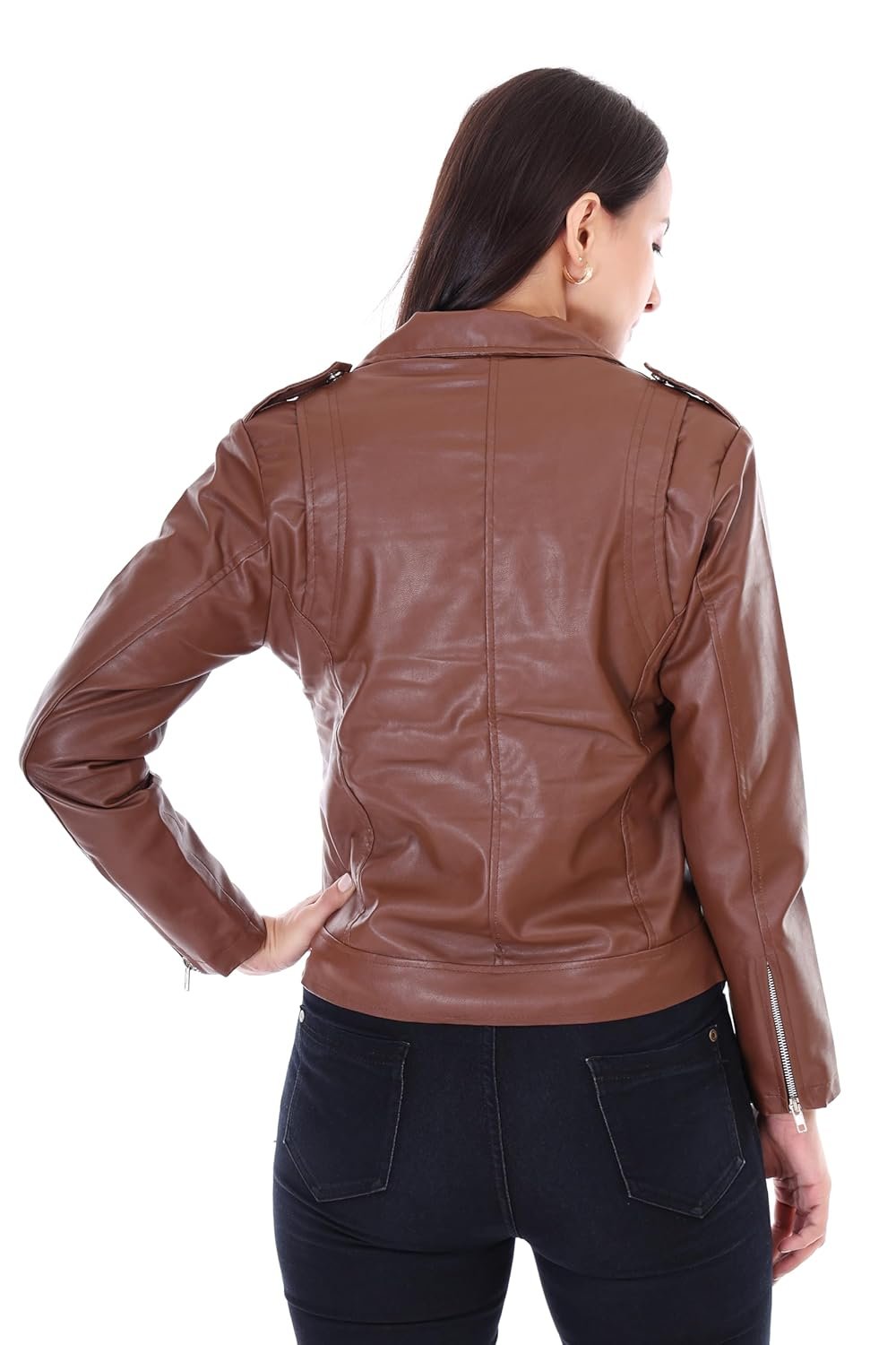 Women Brown Color Faux Leather Jacket - Image 3