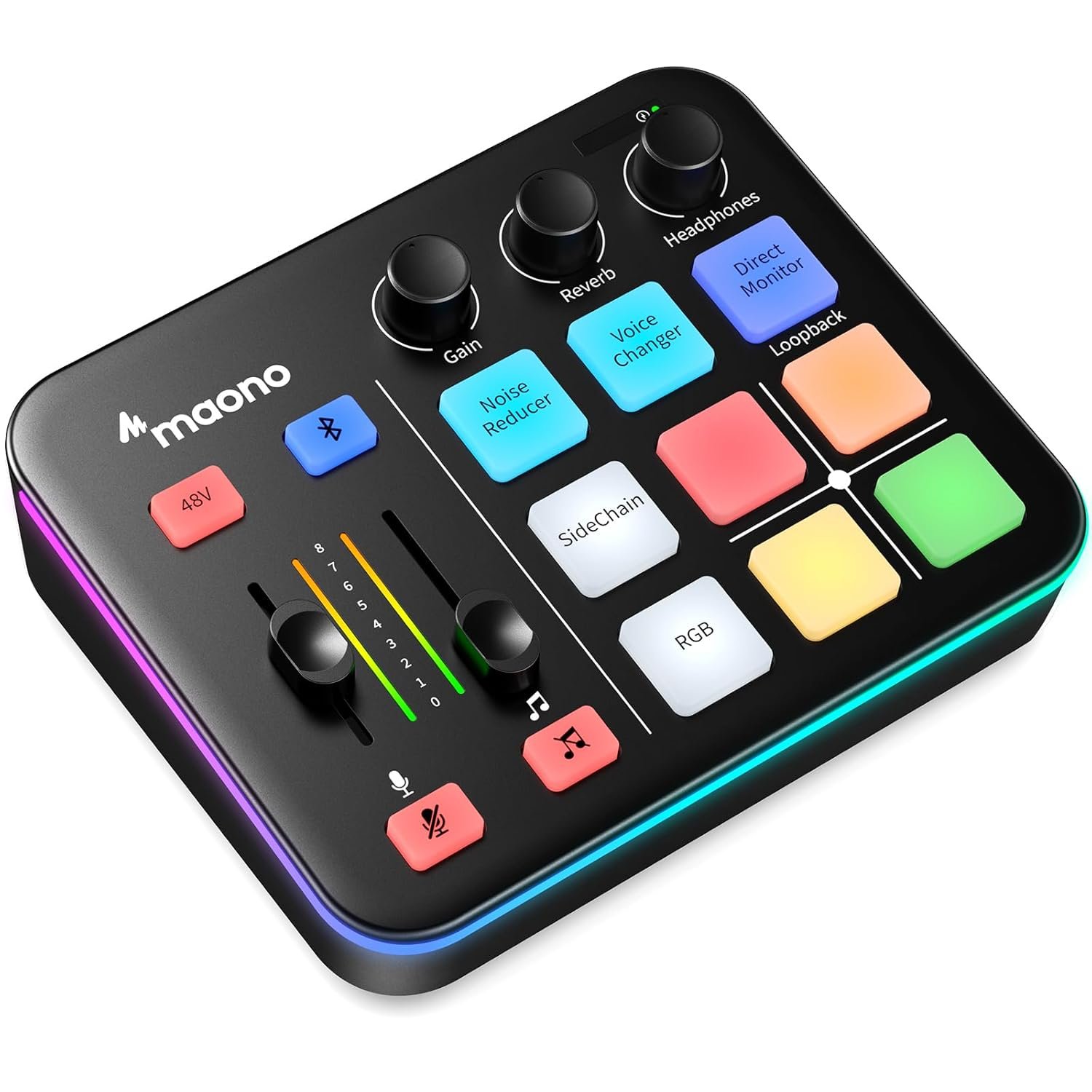 MAONO Gaming Audio Podcast Mixer, Streaming RGB PC Mixer with XLR Microphone Interface, Bluetooth, Volume Fader, Mute Button, 48V Phantom Power, for Podcast/Recording/Vocal/Game Voice-G1 NEO, Black