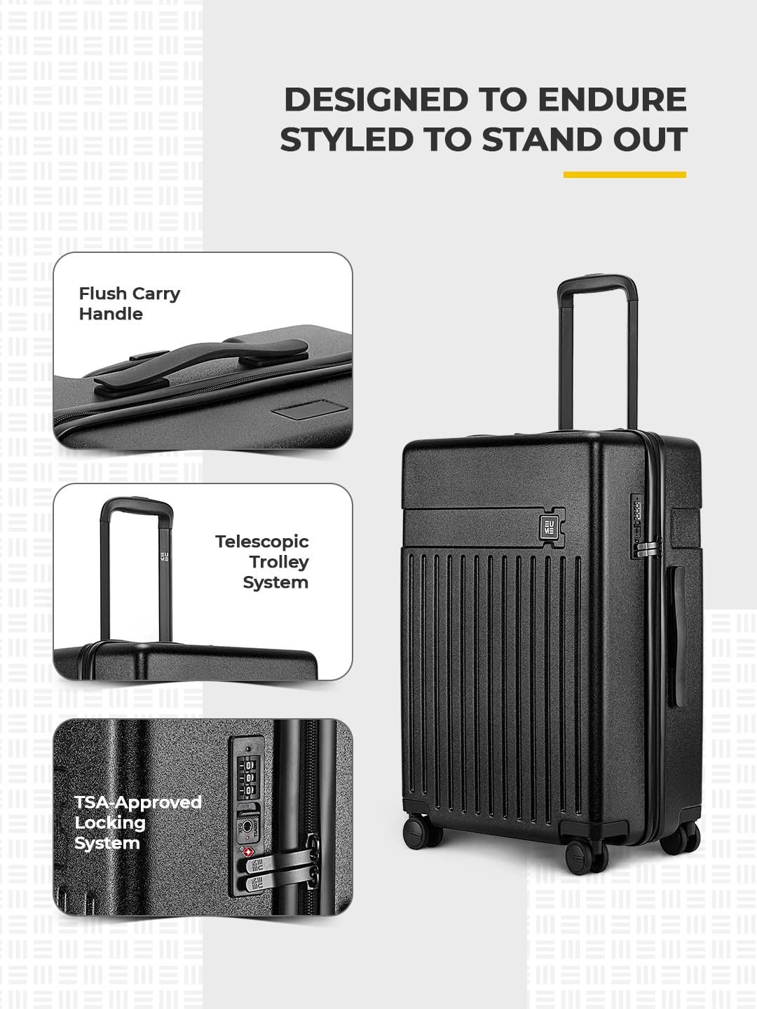 EUME Classic Check-in Trolley Bags for Travel Medium Size 65 Cm, Charcoal Black | Polycarbonate (PC) 8 Hinomoto Wheels Suitcase | Travel Bags for Luggage Trolley - Image 3