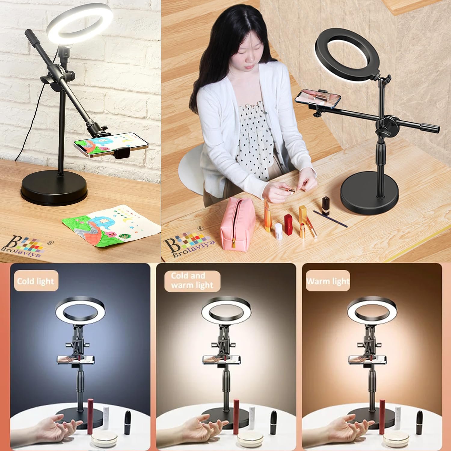 BROLAVIYA Overhead Video Stand with 6-inch Ring Light, Metal Rod,1/4" Ball Head for Camera,Webcam,Gopro, with Mobile Bracket for Overhead Video,Desktop,Bedroom, Office. - Image 5