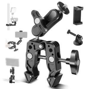 Adofys [Newest] Action Camera Mount,Super Clamp Mount with 1/4”&3/8” Scew for LED Light,Microphone,360° Double Ballhead Magic Arm with Mobile Holder and Adapter for Gopro Hero DJI DSLR Camera