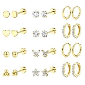 Shining Diva Fashion 12 Pairs Anti Tarnish Earrings Combo Set | 14K Gold Plated | Hypoallergenic Stainless Steel Earring for Sensitive Ears | Flat Back Stud Hoop Cartilage Earring for Multiple Piercing