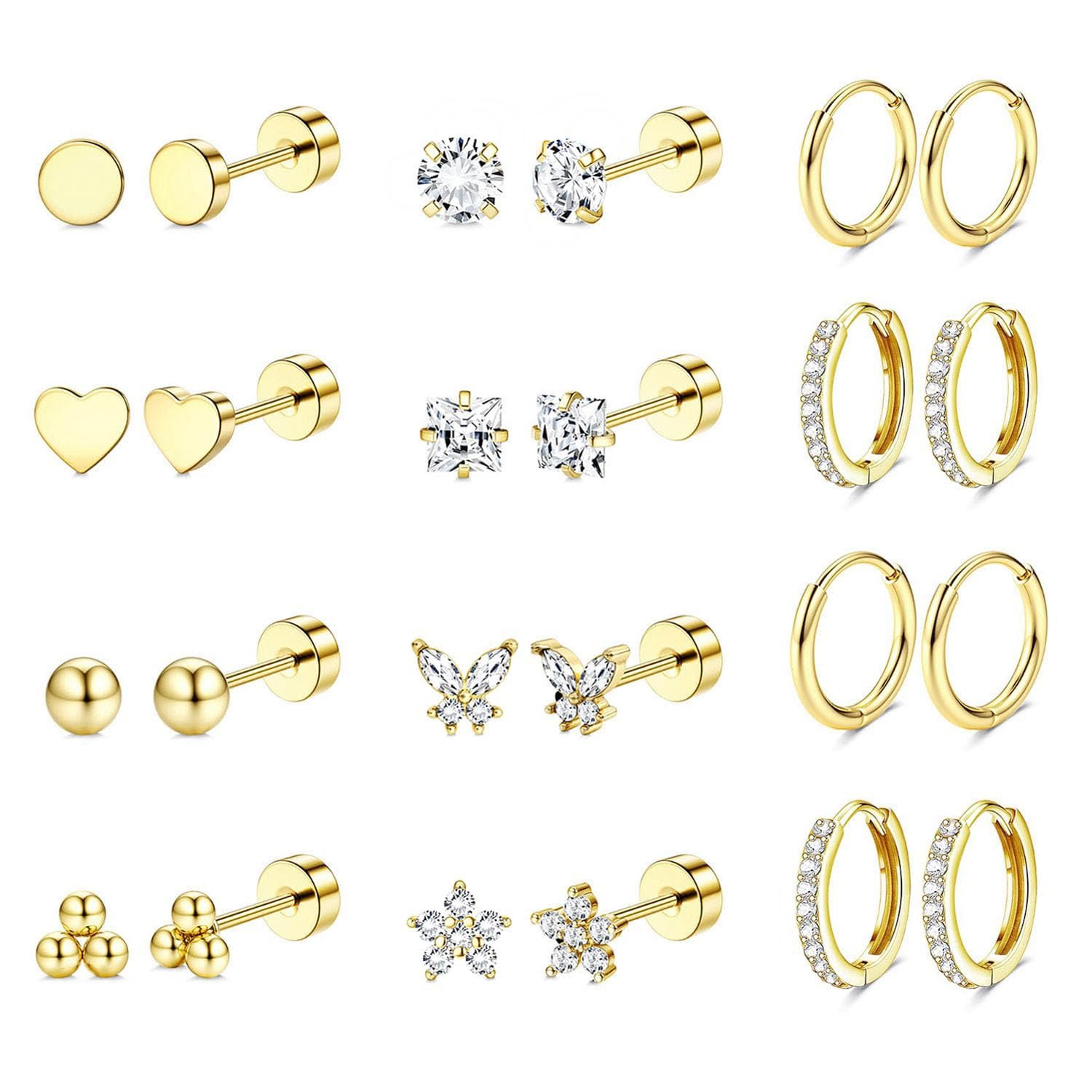 Shining Diva Fashion 12 Pairs Anti Tarnish Earrings Combo Set | 14K Gold Plated | Hypoallergenic Stainless Steel Earring for Sensitive Ears | Flat Back Stud Hoop Cartilage Earring for Multiple Piercing