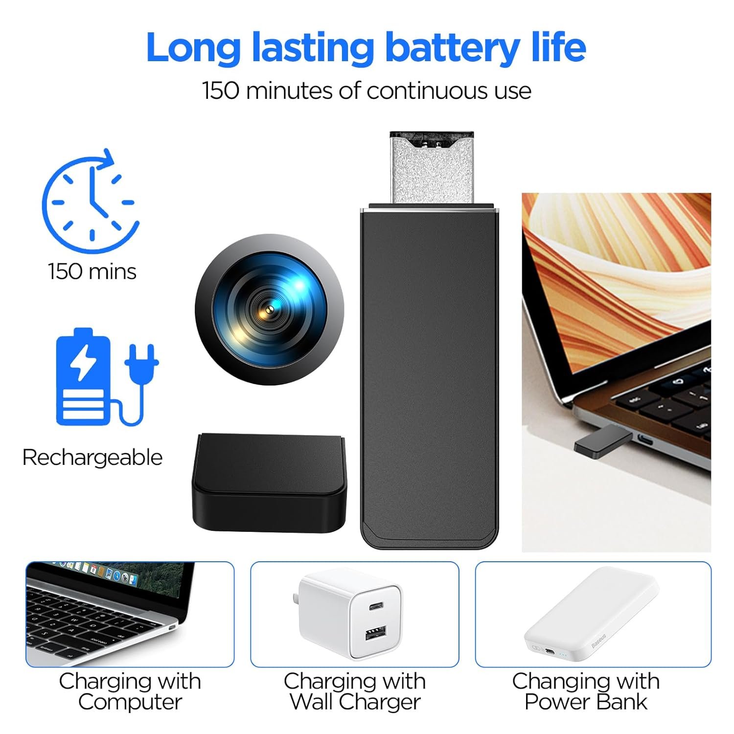 TECHNOVIEW 4K Pen Drive Security Camera with 64GB SD Card, 1080p HD Video Recording, 150° Wide Angle Lens, Motion Detection, Up to 200 Minutes Battery Life - Black - Image 5