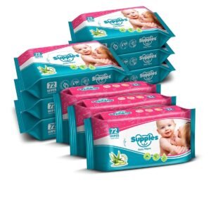 Amazon Brand – Supples Baby Wet Wipes | 648 Wipes | 72 Wipes x 9 Packs | Enriched With Aloe Vera and Vitamin E | Alcohol-free and Paraben-free | Pure Water-Based Formulation