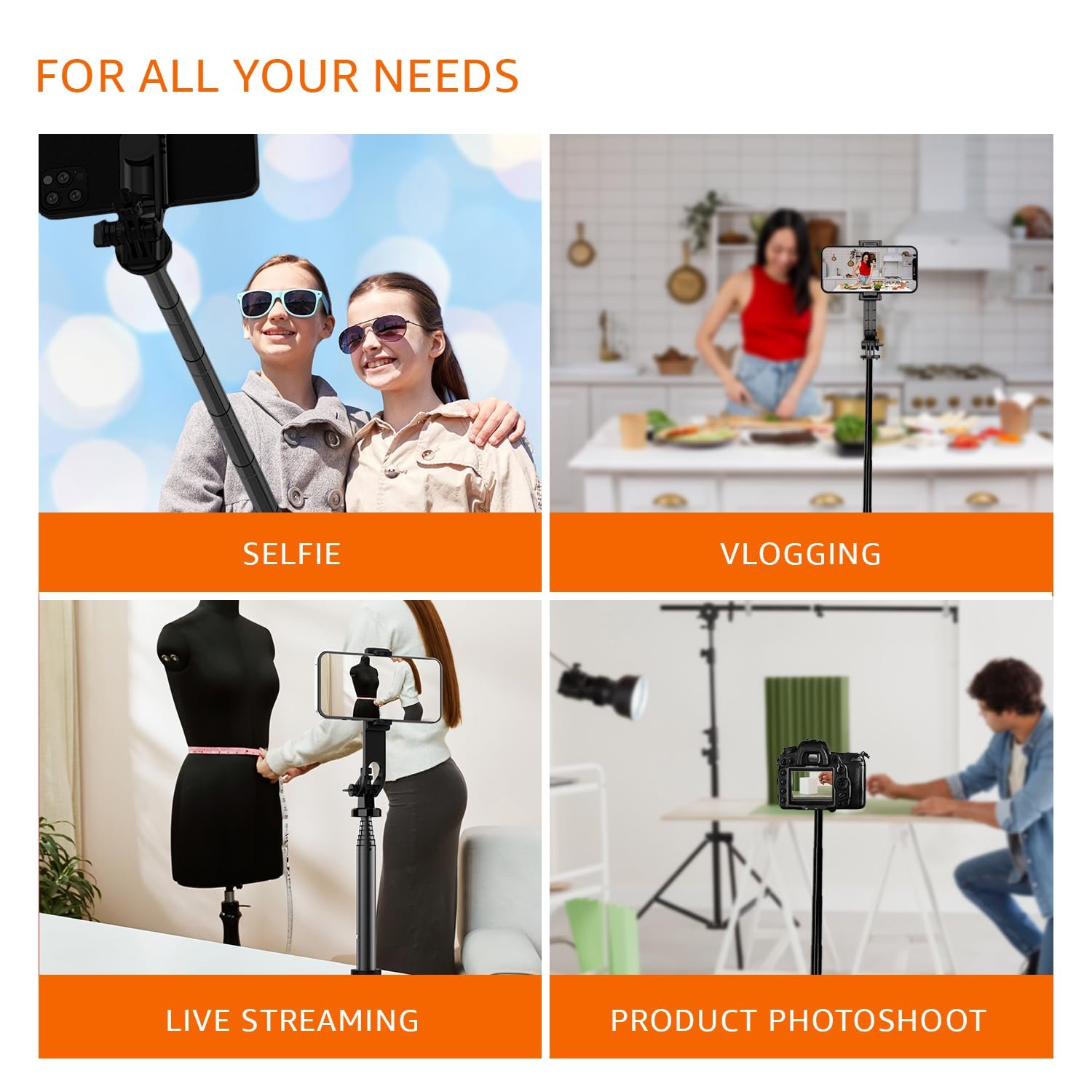 Amazon Basics Selfie Stick | 132 cm (52inch) Extendable | Non-Slip Quadripod Base | Compatible with Mirrorless/Action Camera, Ring Light, Gopro | Bluetooth Remote, Ideal for Selfies, Vlogging, Black - Image 6