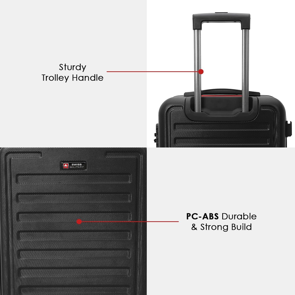 Swiss Military Primus Luggage Bag, Textured Hard-Sided Trolley Bag, Cabin Luggage, Suitcase for Travel, Overnighter Trolley Bags| Durable ABS Body, Ergo 360° Rotatable Wheels, 20 inches, 44L, Black, 1 - Image 3