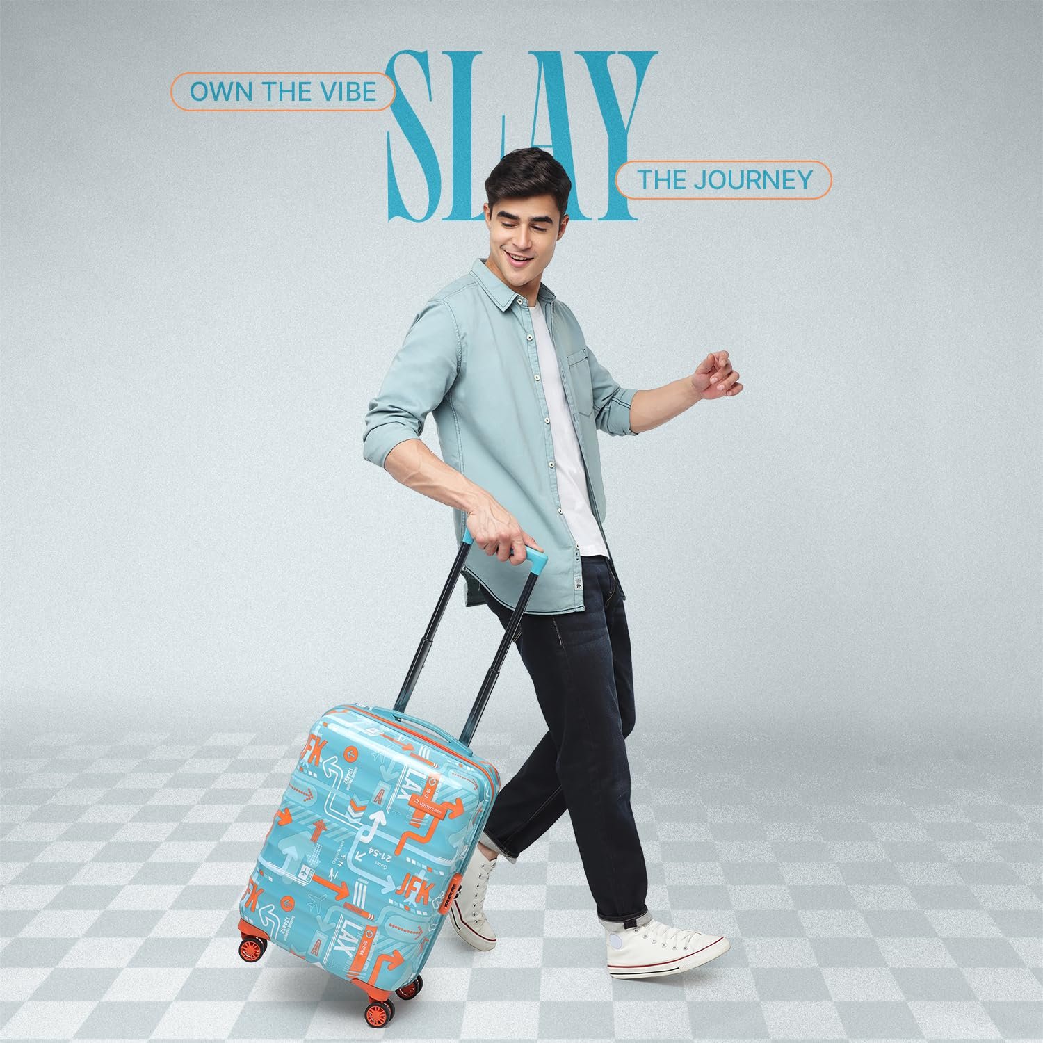 uppercase JFK (Small) 56cms | Hardsided Cabin Trolley Bag for Travel |Eco Polycarbonate Printed Luggage |Combination Lock|8 Spinner Wheel Trolley Bag |Suitcase for Men & Women |(Teal Blue) - Image 7