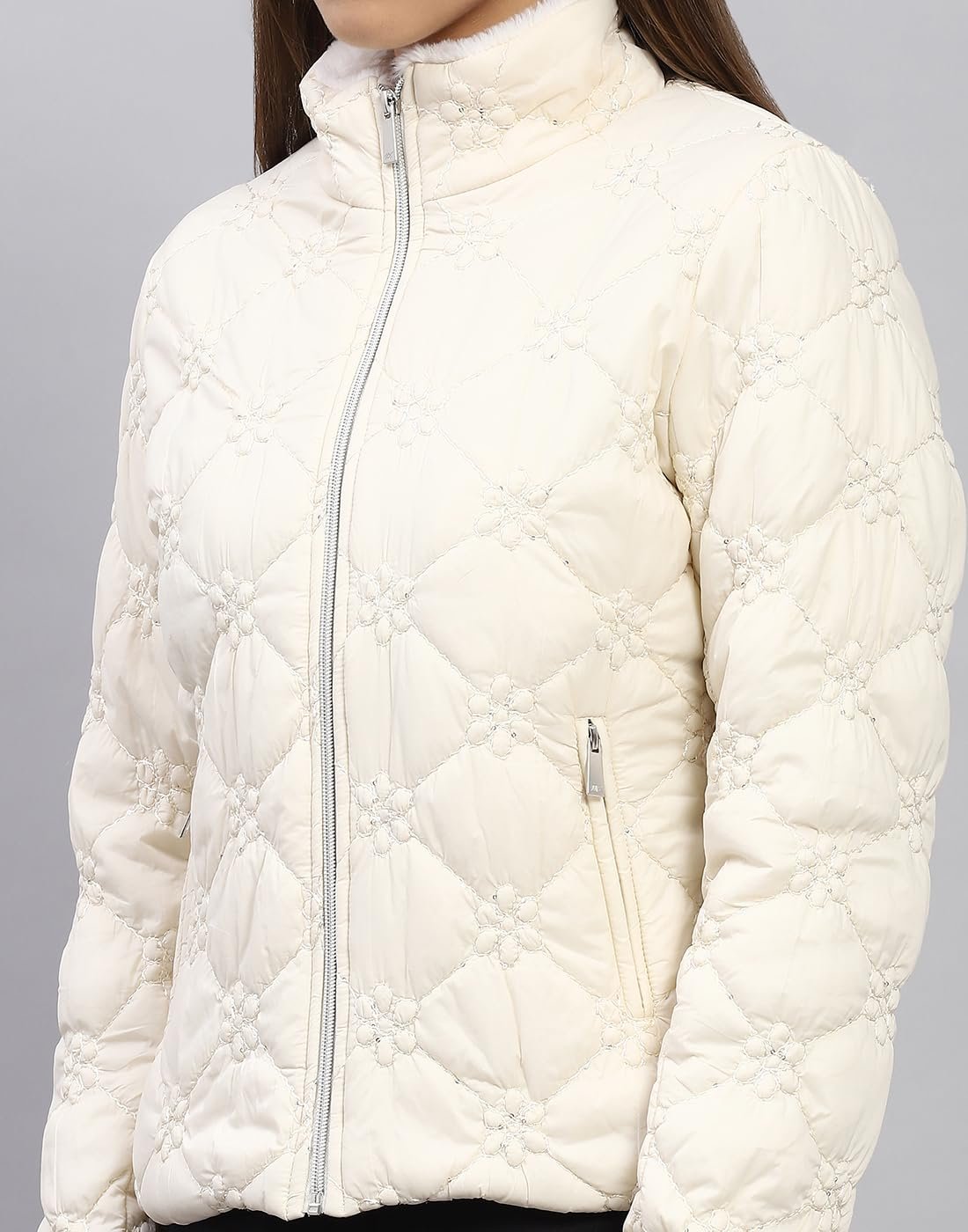 Monte Carlo Womens Embroidered White Mock Neck Full Sleeve Jacket - Image 7