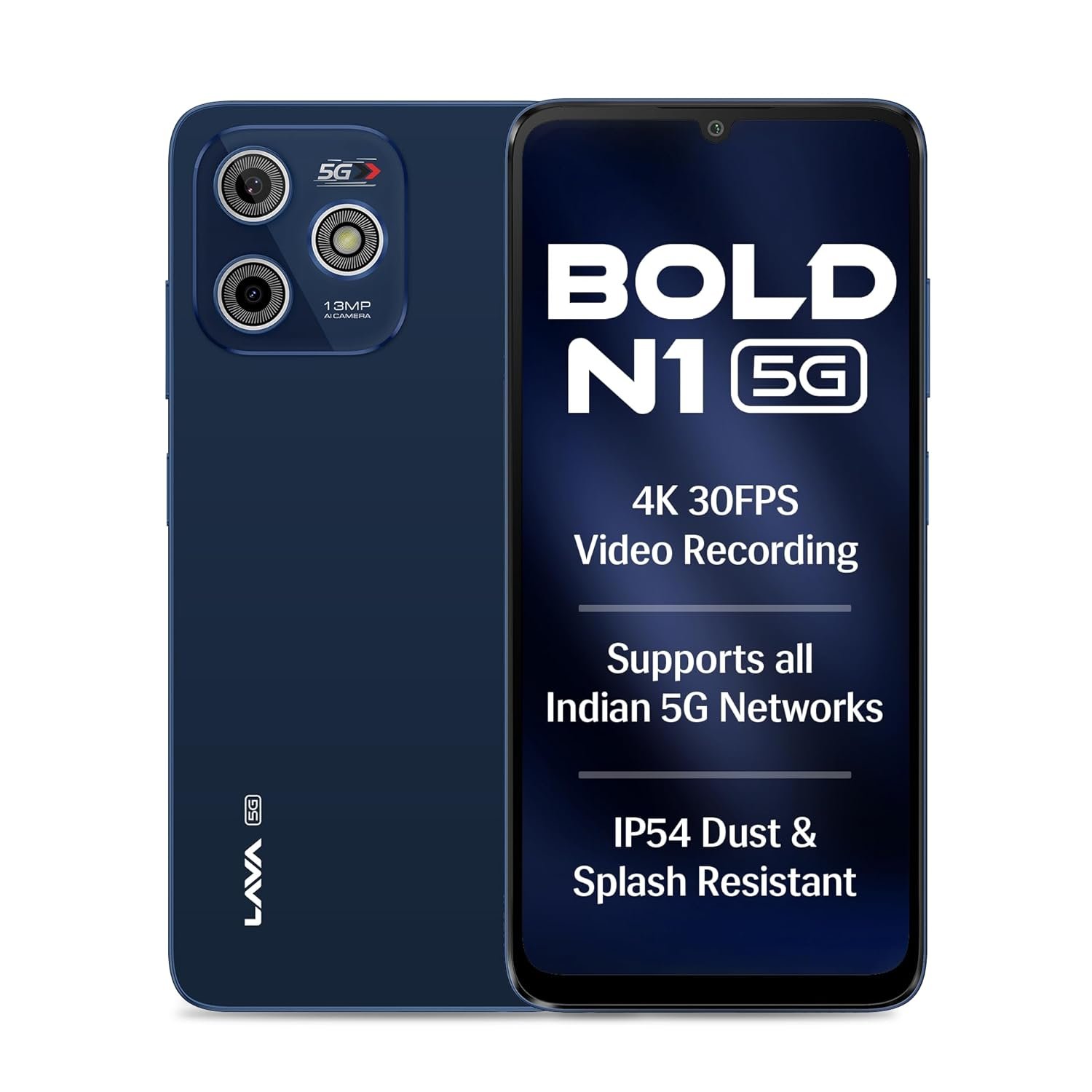 Lava Bold N1 5G (Royal Blue, 4GB RAM, 64GB Storage) |Bigger 6.75" HD+ Notch Display | Octacore 5G Processor | 13 MP AI Camera |5000 mAh Battery| IP54 Rated Dust & Water Splash Proof