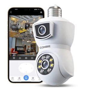 Conbre Easycam Dual Lens 2+2MP Full HD Smart WiFi Wireless Indoor IP CCTV Security Camera | Night Vision | 2-Way Audio | Support 128 GB Micro SD Card Slot | Includes E27 Camera Holder