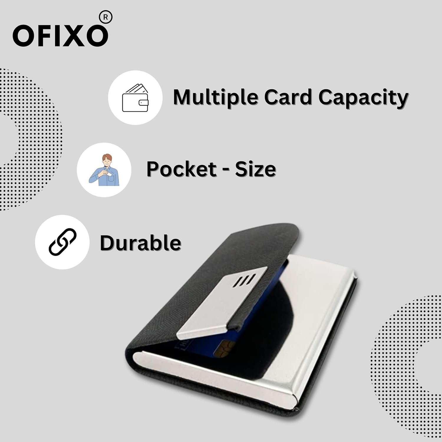 OFIXO Stainless Steel Business Card Case Leather Men Luxury Brand ID Credit Card Visiting Cards Holder Wallet(Silver) - Image 3