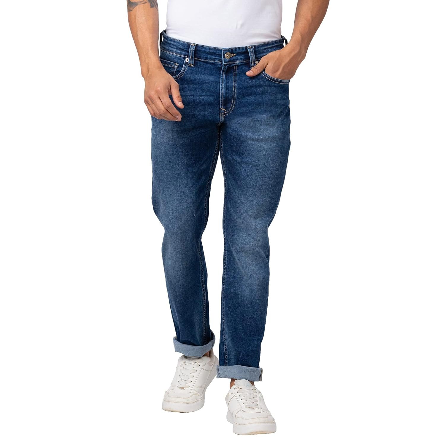 Spykar Men Mid Blue Cotton Stretch Comfort Fit Straight Length Jeans (Ricardo)