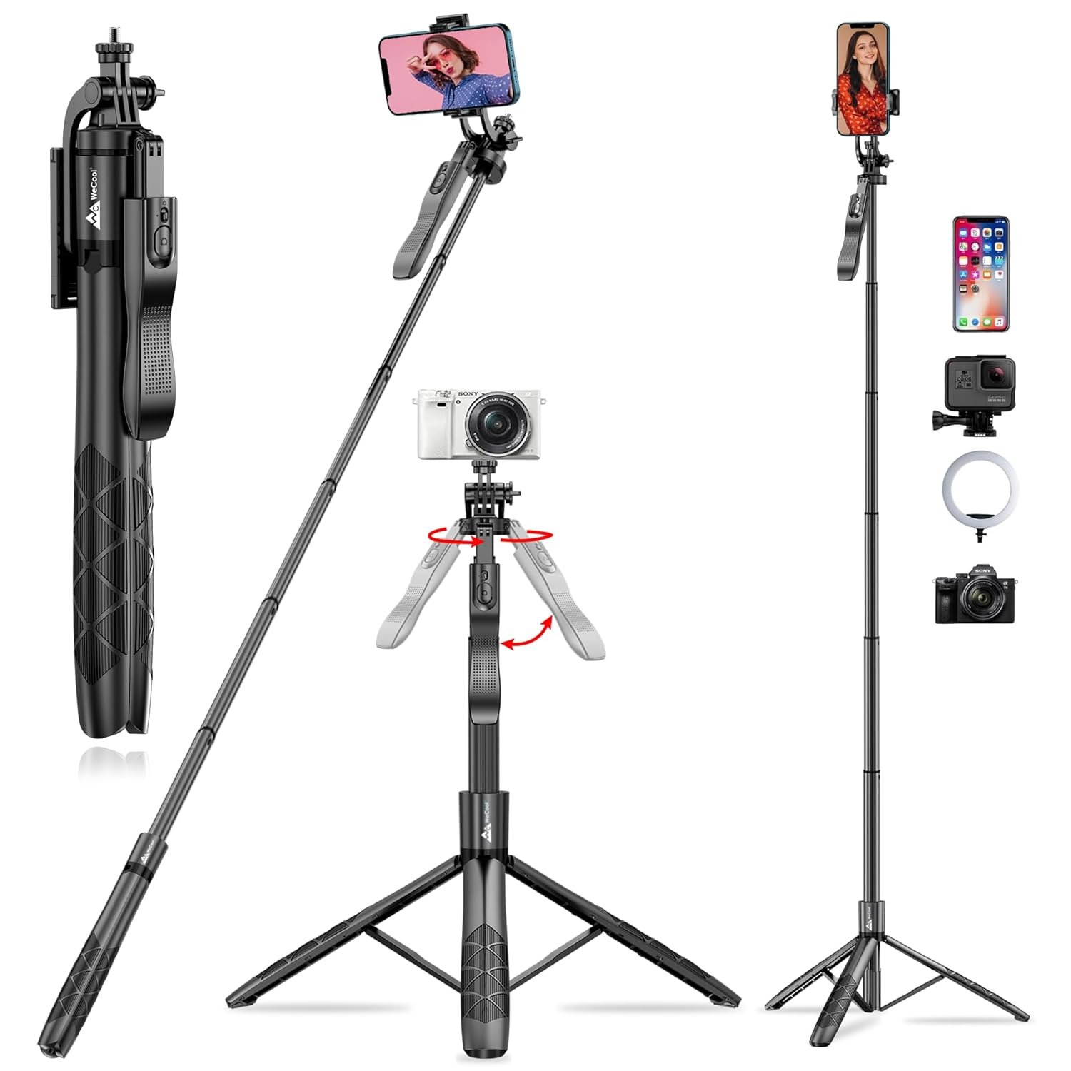 WeCool S5 Selfie Stick with Tripod Stand, 6section Telescopic Pole with 62in/158cm Long Stick, Ultimate Stability with 360°Rotating Handle & Reinforced Tripod Stand, Selfie Stick for Photos &Vlogging