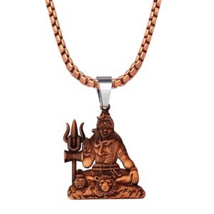 M Men Style Solid Brass Lord Shiva Pendant Necklace With 22 Inch Box Stainless Steel Chain – Hindu God Amulet for Protection & Devotion-Mahadev Amulet Jewelry for Men & Women