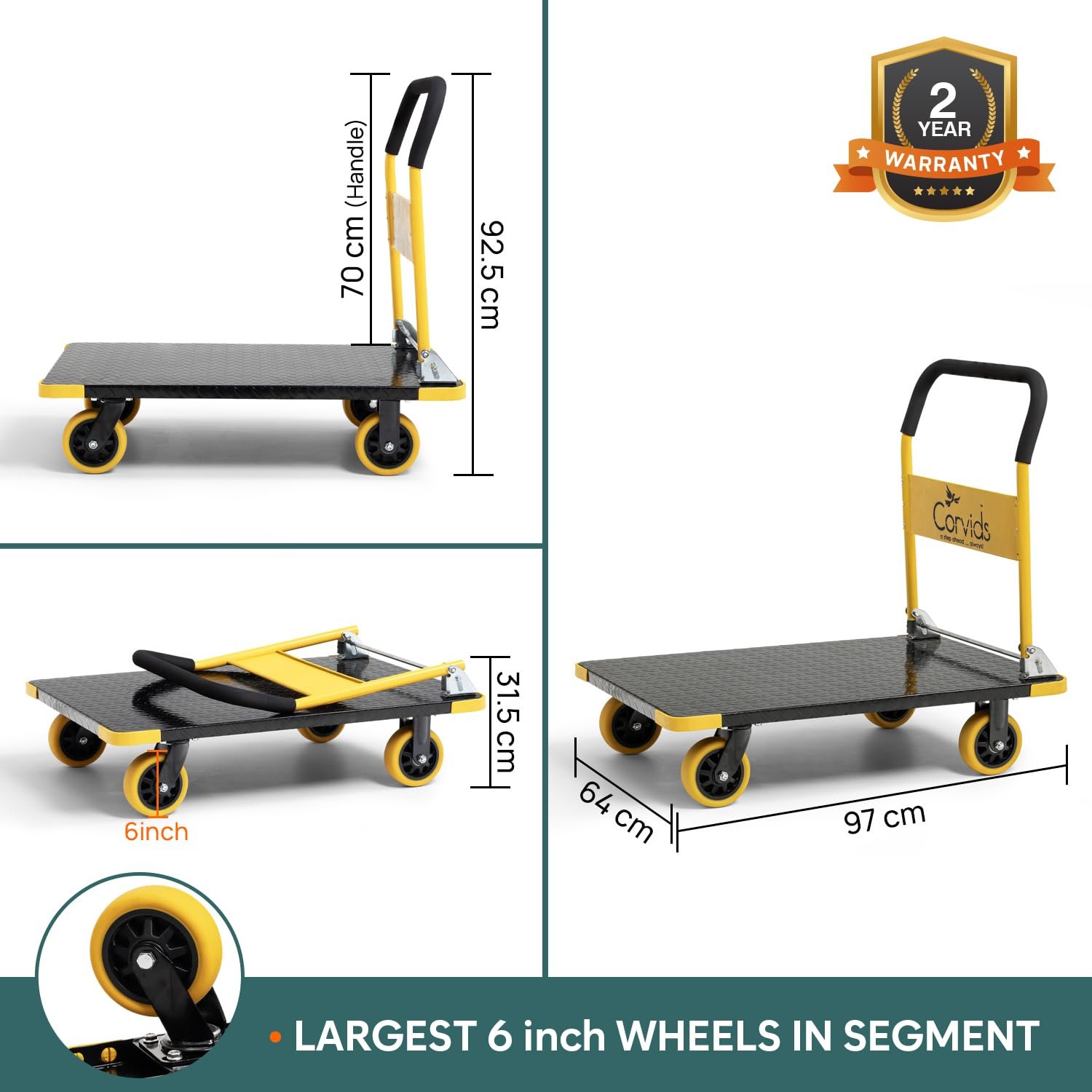 Corvids 600 Kg Heavy-Duty Folding Metal Hand Platform Trolley/Truck | 2-Year Warranty | Portable & Compact Industrial Dolly Cart with 360 Rotating Wheels for Home & Warehouse - Image 3