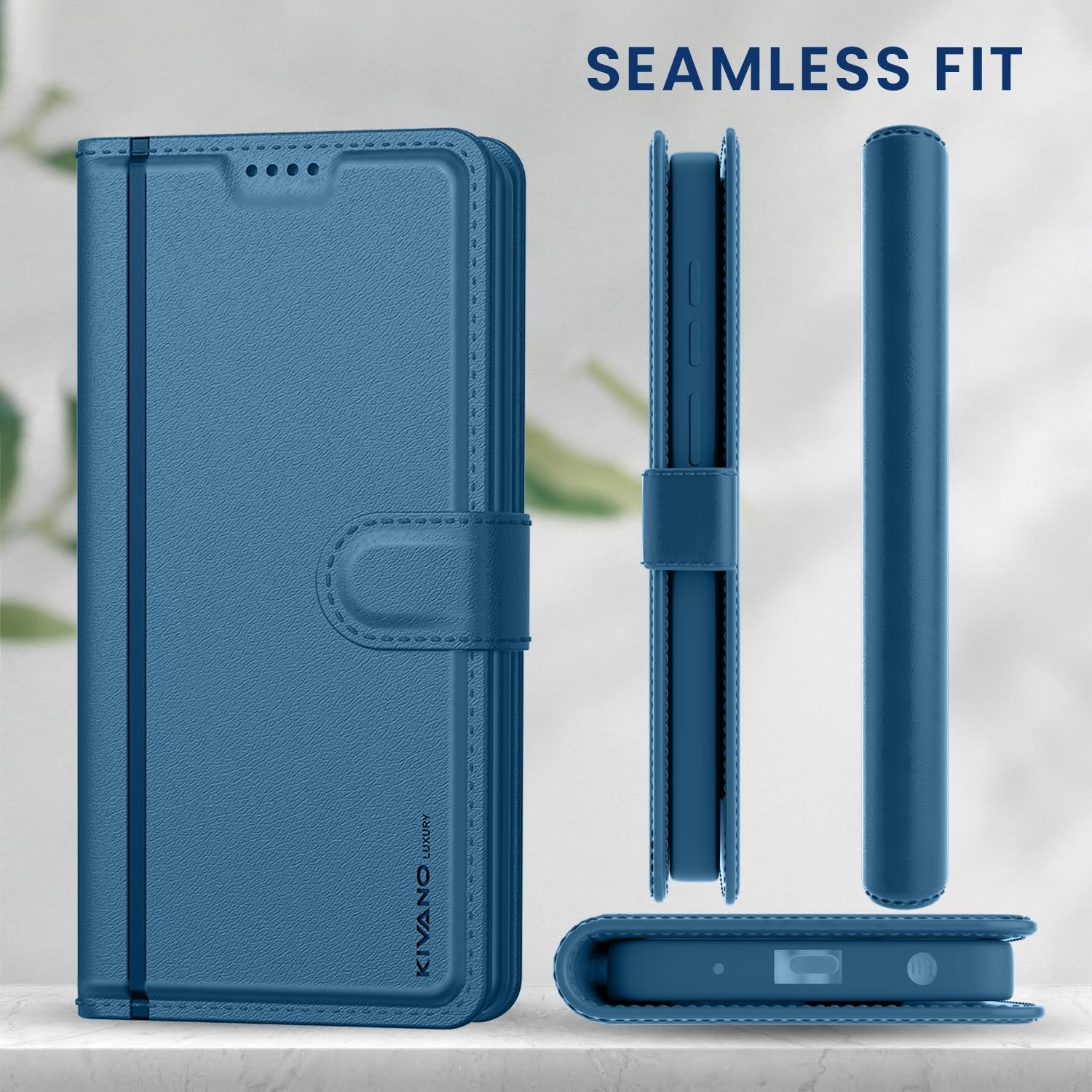 Compatible for Oppo A5 Pro 5G Luxury Handmade Leather Magnetic Flip Folio Case | Card Holder & Kickstand | Slim Protective Cover | Unisex - Blue - Image 9