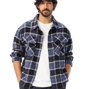 The Souled Store Plaid: Eclipse Men and Boys Long Sleeves Collared Neck Button Front Cotton Oversized Shackets