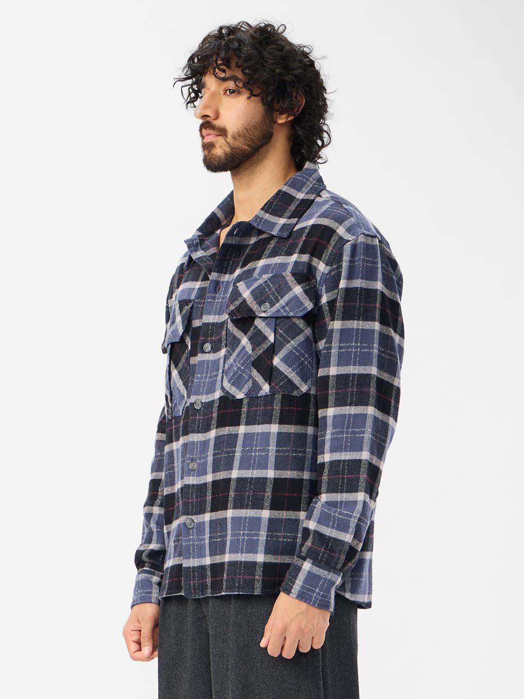 The Souled Store Plaid: Eclipse Men and Boys Long Sleeves Collared Neck Button Front Cotton Oversized Shackets - Image 3