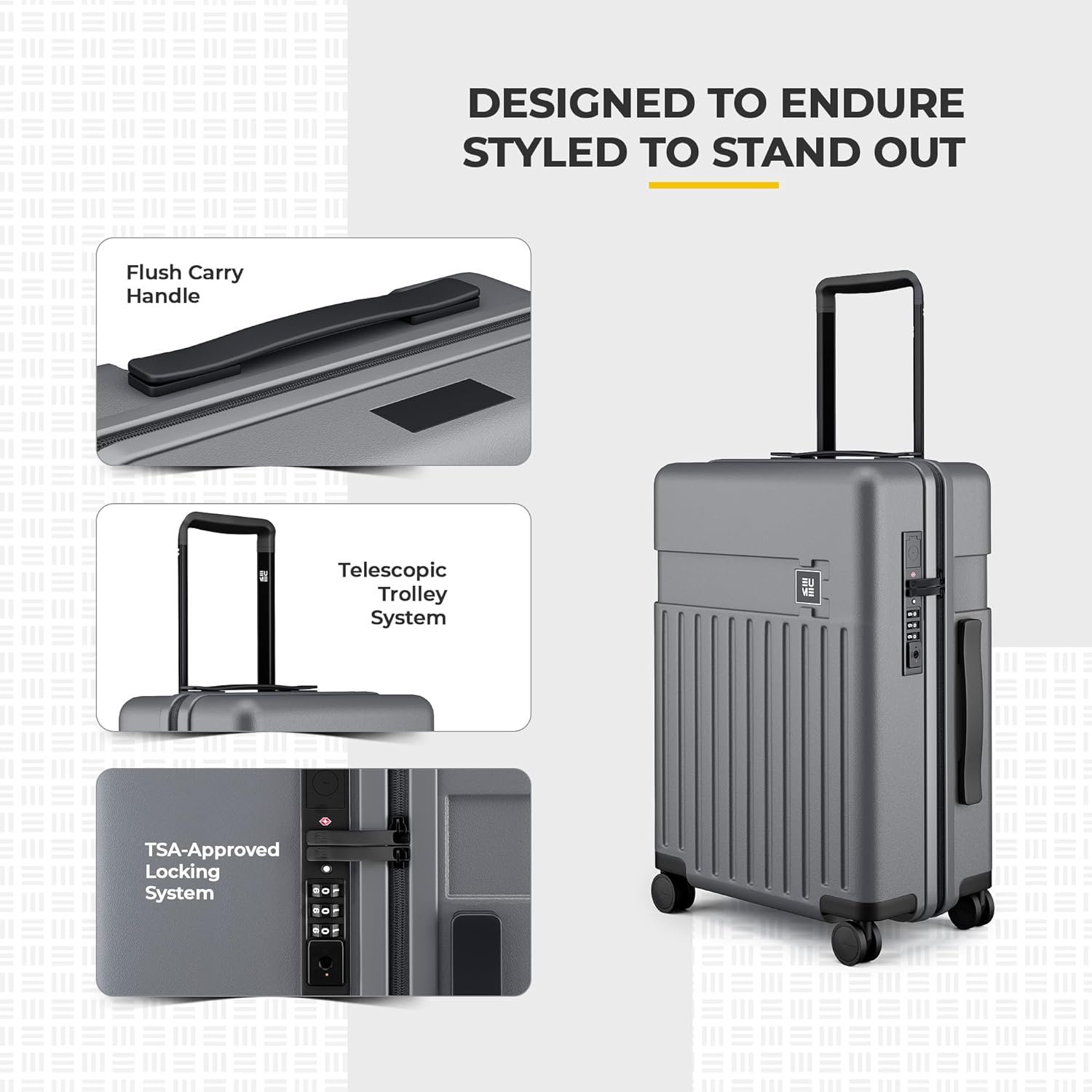 EUME Classic Cabin 55 Cm Trolley Bag Small Size for Travel, Graphite Grey| Polycarbonate (PC) 8 Hinomoto Wheels Suitcase | Small Trolley Bag for Luggage - Image 5