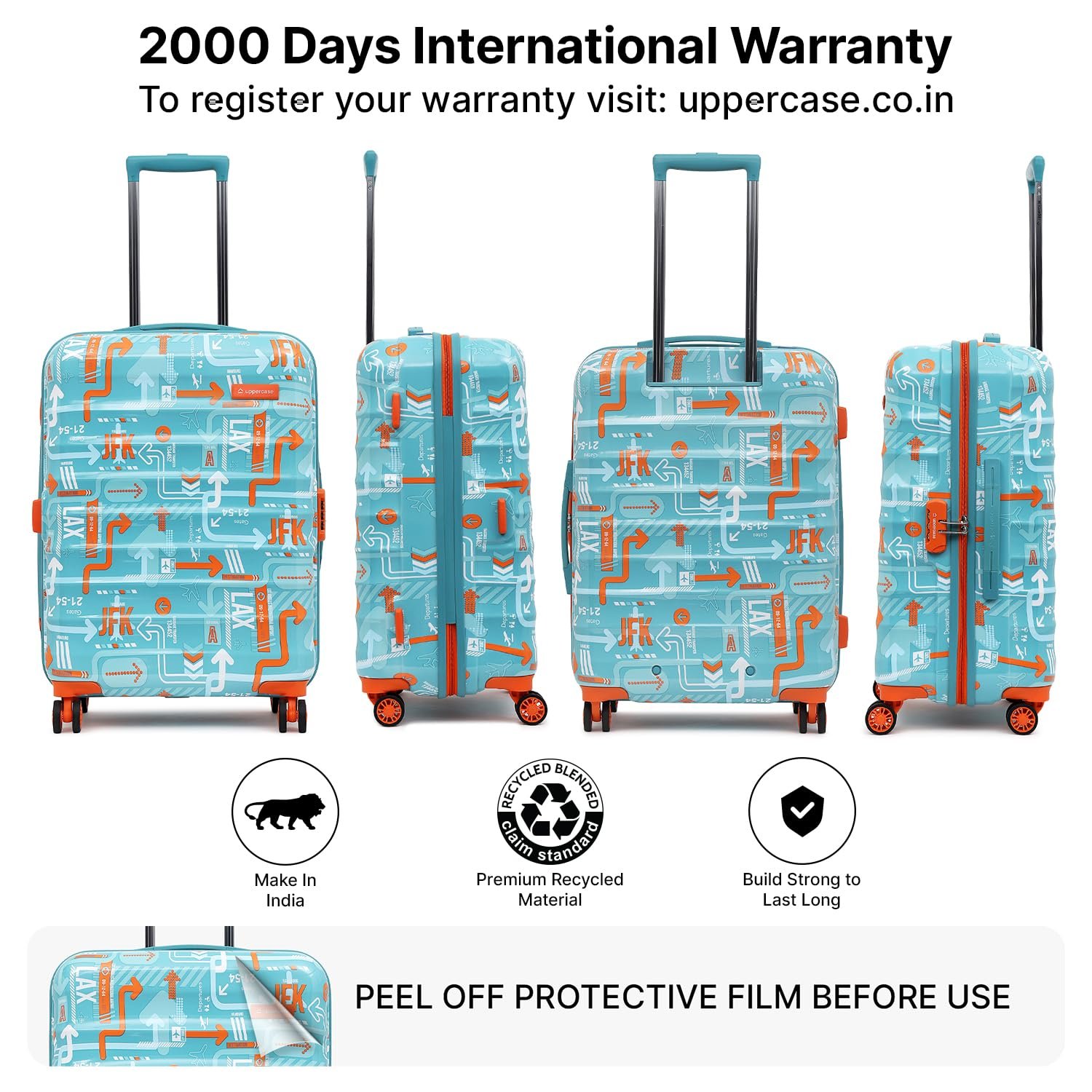 uppercase JFK 66Cm|Hardsided Check-in Trolley Bag|Sustainable Eco Polycarbonate Printed Luggage|8 Wheel Trolley Bag|Speed_Wheel Suitcase for Men&Women|2000 Days Warranty(Teal Blue - Image 2