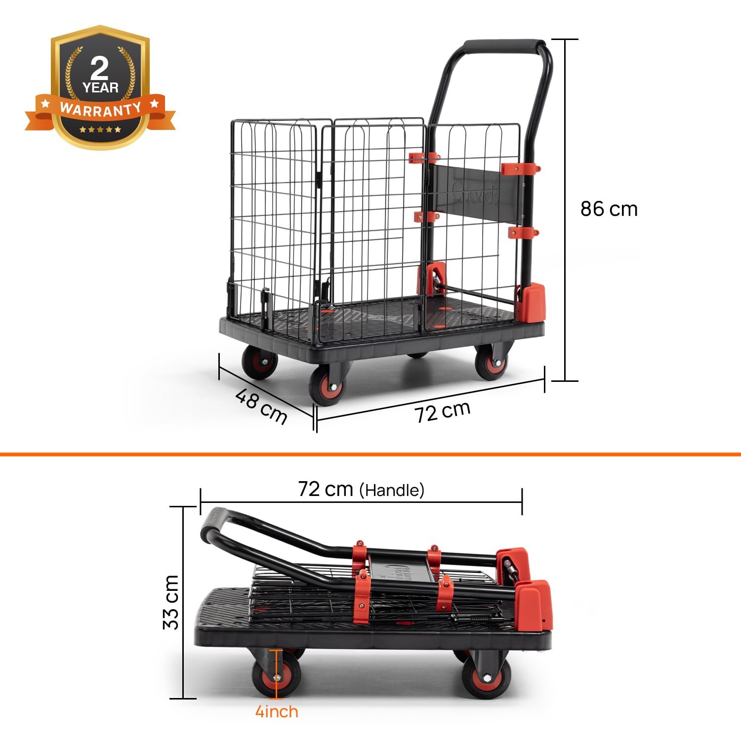 Corvids 150 Kg Portable & Collapsible Plastic Platform Trolley with Basket Cage | 2-Year Warranty |Folding Platform Hand Truck with 360 Rotating Wheels for Home, Office, Warehouse & Outdoor Use - Image 3