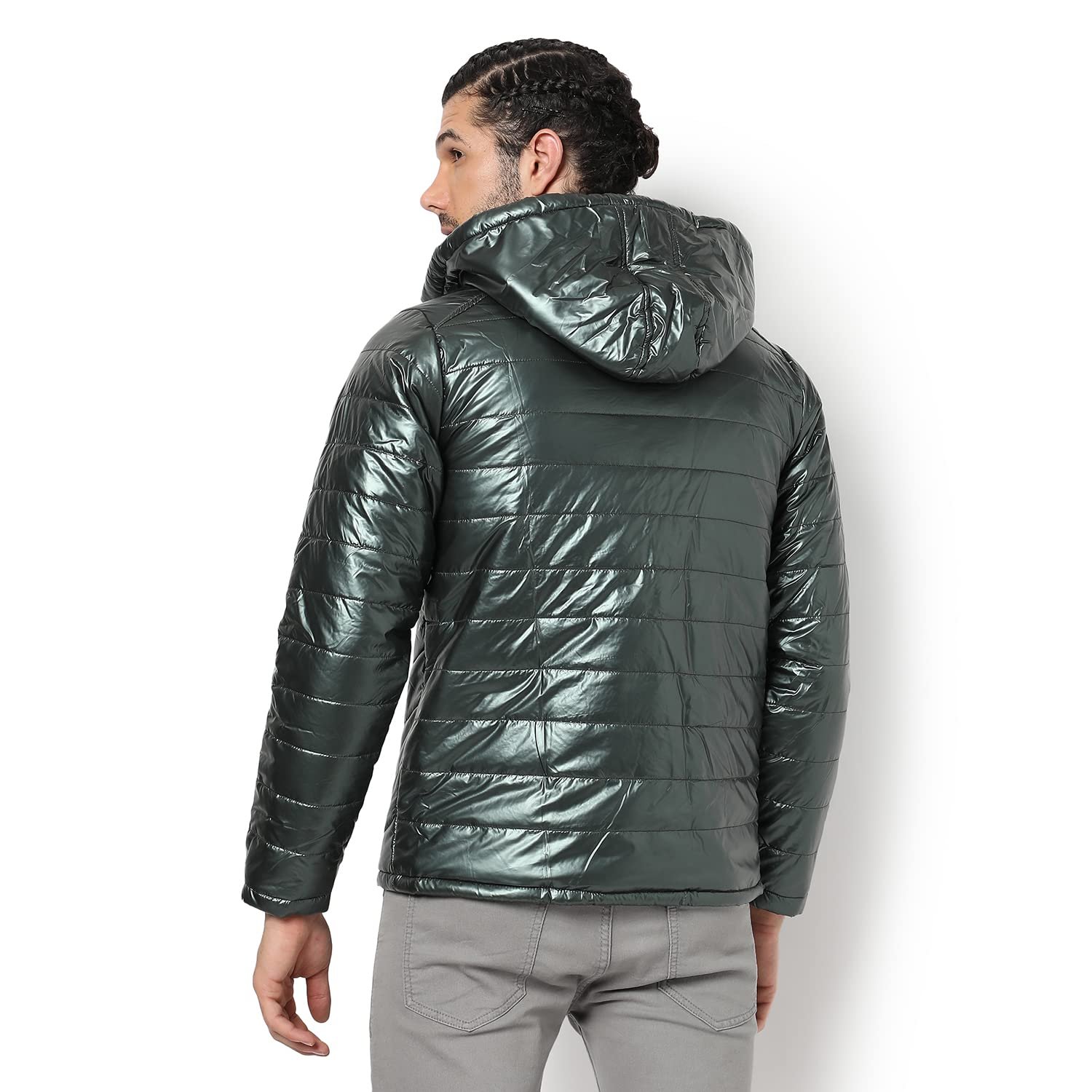 Campus Sutra Men's Quilted Puffer Jacket With Contrast Striped Sleeve For Casual Wear | Hood Neck | Long Sleeve | Zip Closure | Polyester Jacket Crafted With Comfort Fit For Everyday Wear - Image 3