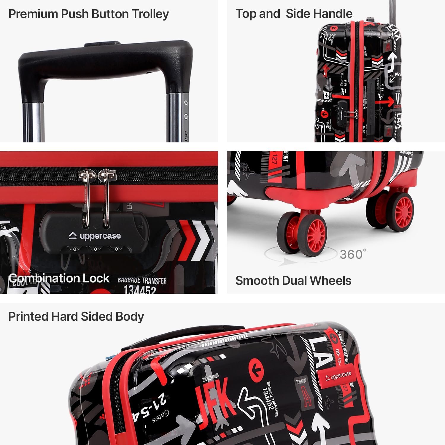 uppercase JFK (Small) 56Cms, Hardsided Cabin Trolley Bag for Travel, Eco Polycarbonate Printed Luggage, Combination Lock,8 Wheel Trolley Bag, Suitcase for Unisex, 2000 Days Warranty (Black, Spinner) - Image 5