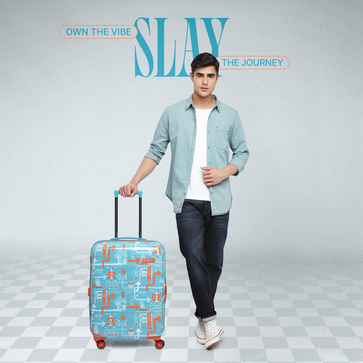 uppercase JFK 66Cm|Hardsided Check-in Trolley Bag|Sustainable Eco Polycarbonate Printed Luggage|8 Wheel Trolley Bag|Speed_Wheel Suitcase for Men&Women|2000 Days Warranty(Teal Blue - Image 7