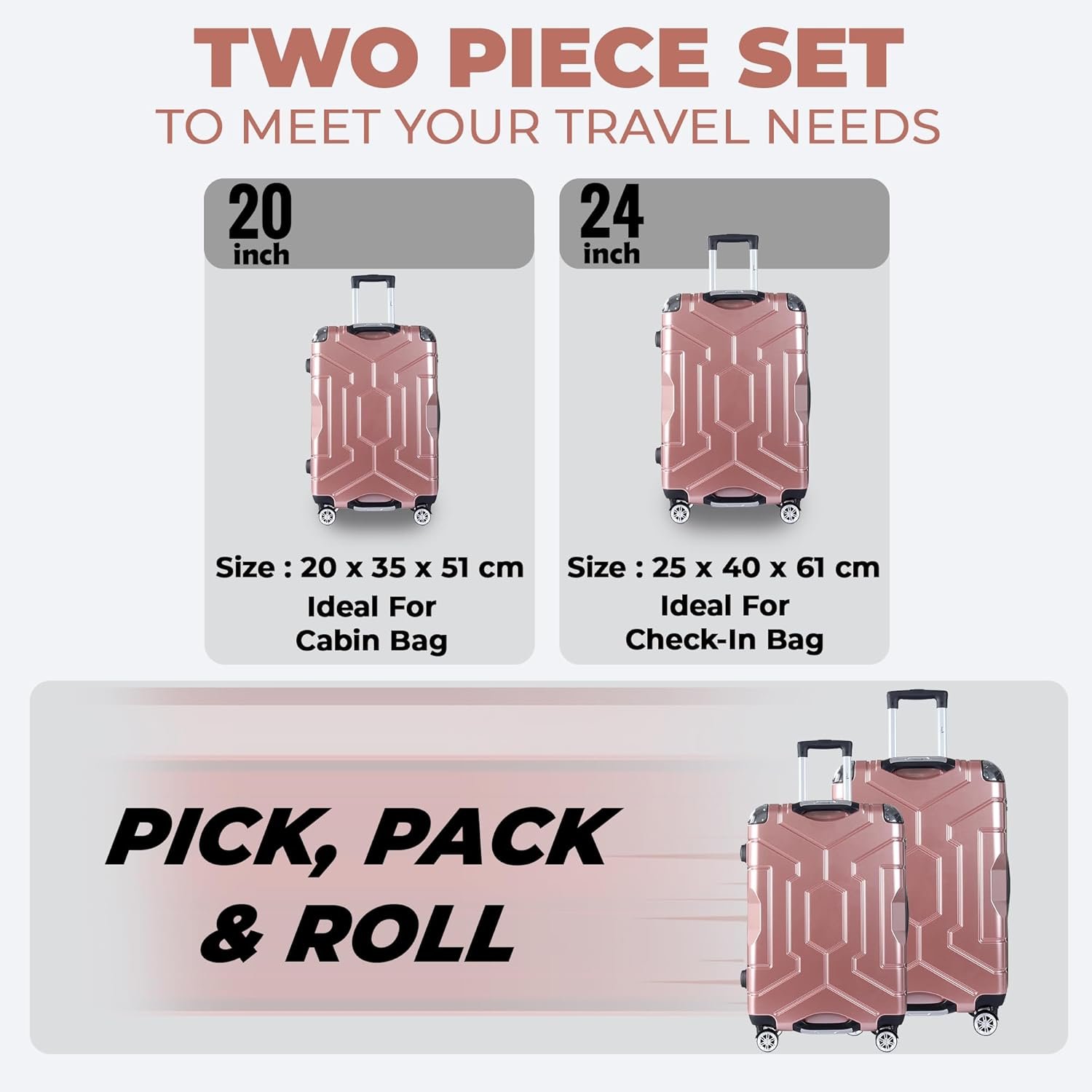 Story@Home Rose Gold Trolley Bags 2 PCs Small, Medium 20-24 inches Cabin-Check in Trolley Bags, ABS+PC, 360° Rotating Sturdy 8 Wheels, 3 Digit Lock, Bag for Travelling, 51-61 Cm - Image 6