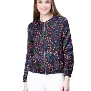 oxolloxo Women Round Neck Zipped Long Sleeve Elasticated Bomber Jacket