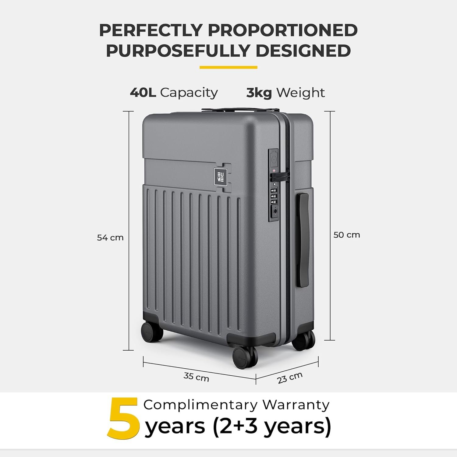 EUME Classic Cabin 55 Cm Trolley Bag Small Size for Travel, Graphite Grey| Polycarbonate (PC) 8 Hinomoto Wheels Suitcase | Small Trolley Bag for Luggage - Image 3