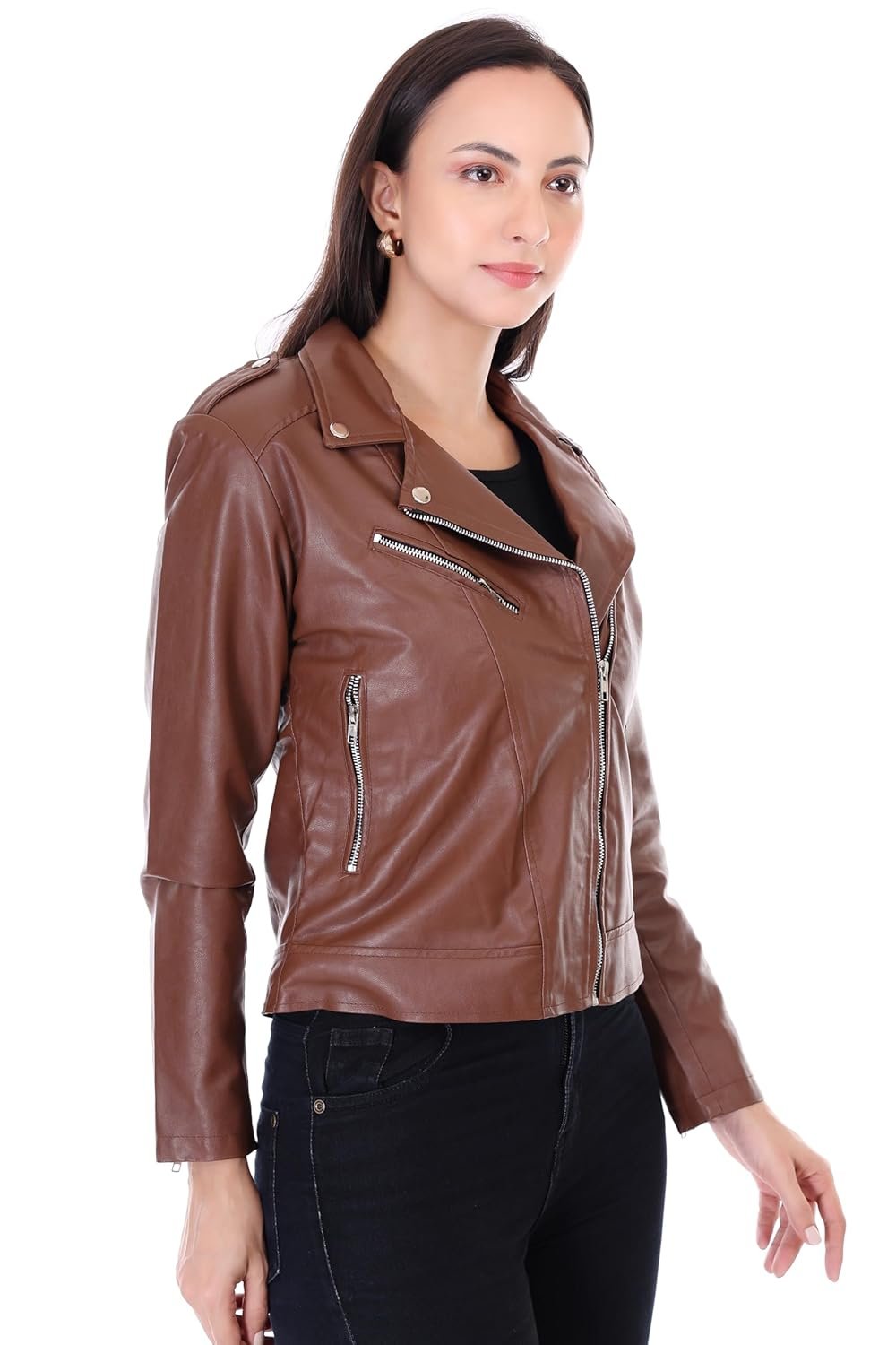 Women Brown Color Faux Leather Jacket - Image 4