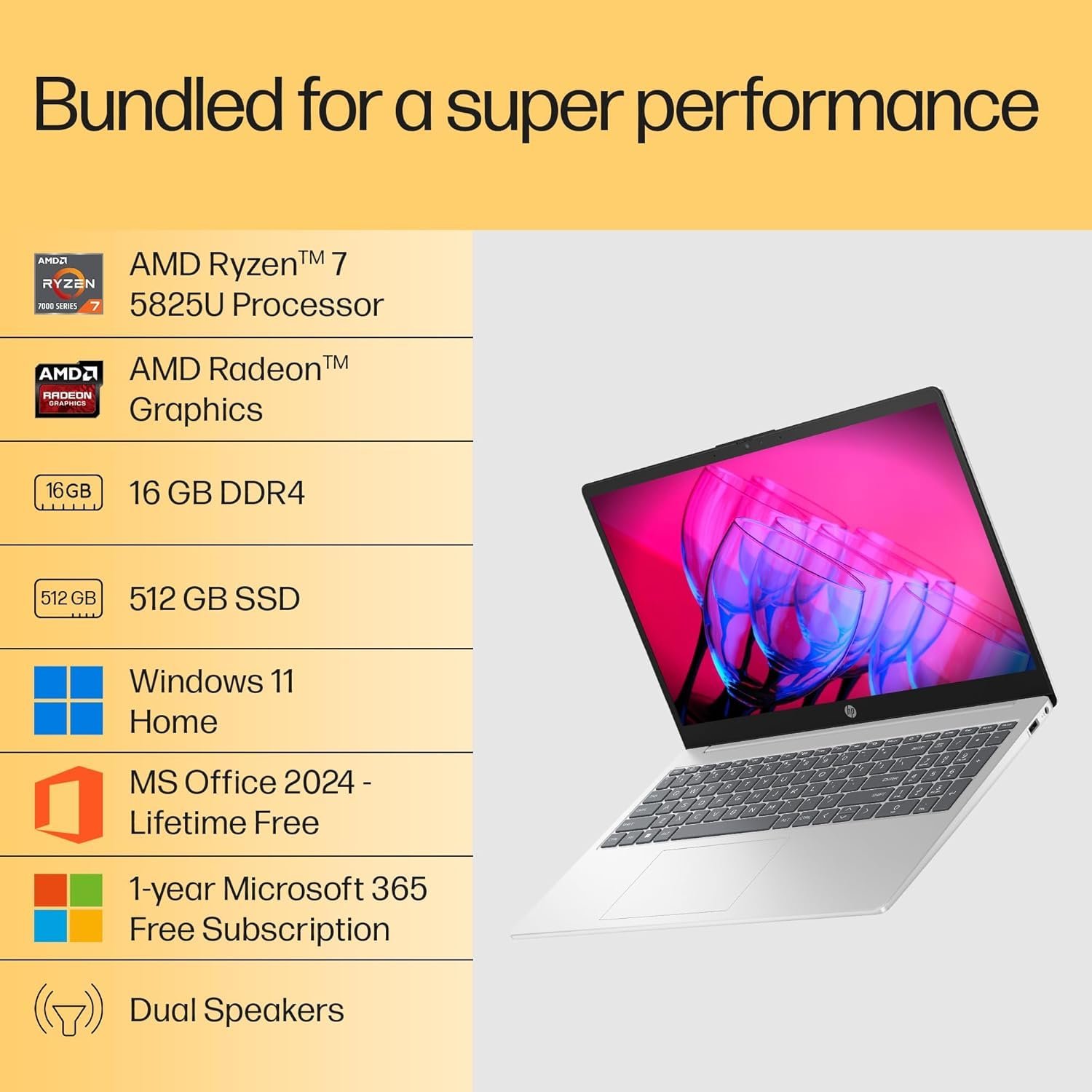 HP 15, AMD Ryzen 7 5825U, 16GB DDR4, 512GB SSD, 15.6-inch(39.6cm) Anti-Glare, FHD, Radeon Graphics, Backlit KB, 1080p HD cam (Win11, M365 Basic(1yr),Office Home24, Silver, 1.69kg) fc0476AU - Image 3