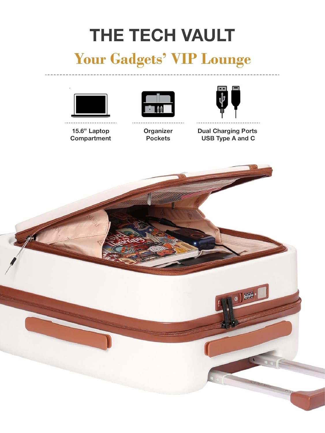 Fur Jaden The Wayfarer 55cm Cabin TechPro Polycarbonate Suitcase I USB-C Charging Port I Laptop Compartment I 8 Silent Shock Absorbing Wheel I TSA Lock I Aviation Grade Trolley (Oyster White, TechPro) - Image 3