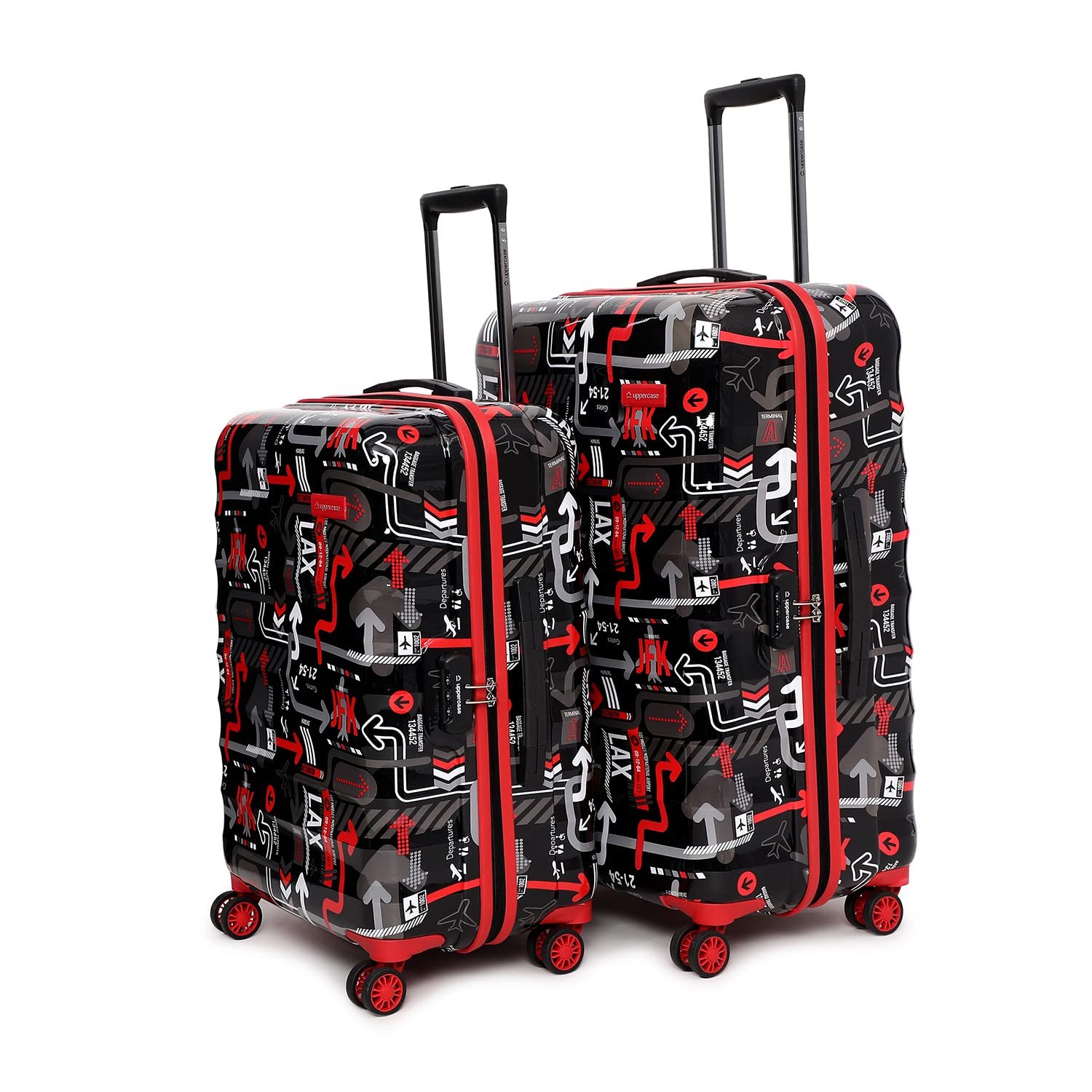 uppercase Jfk Inline Trolley Bag Set Of 2 (Medium,Large)|Check-In Luggage|Hardshellsided Polycarbonate Printed Luggage|Combination Lock|8 Wheel Trolley Bag|Suitcase For Unisex| (Black),H-75.5 cms