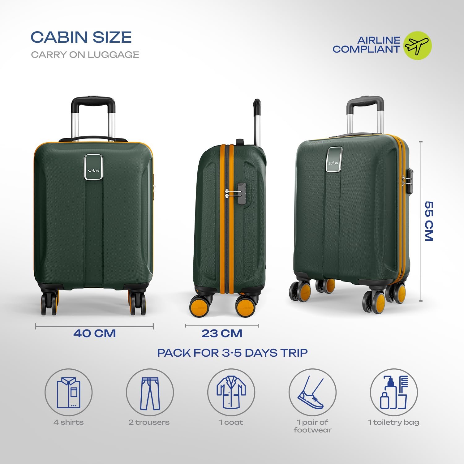 Safari Cabin Polycarbonate Spinner Thorium Neo 8 Wheels 55Cm Size Trolley Bag, Hard Case, 360º Wheeling Carry-On Luggage for Men & Women, Travel Bag, Suitcase for Travel, Dusk Green - Image 7