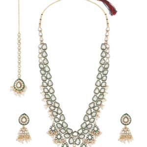 ZAVERI PEARLS Green Meenakari Kundan Bridal Long Dazzling Necklace Earring Maangtikka Set For Women-ZPFK17761