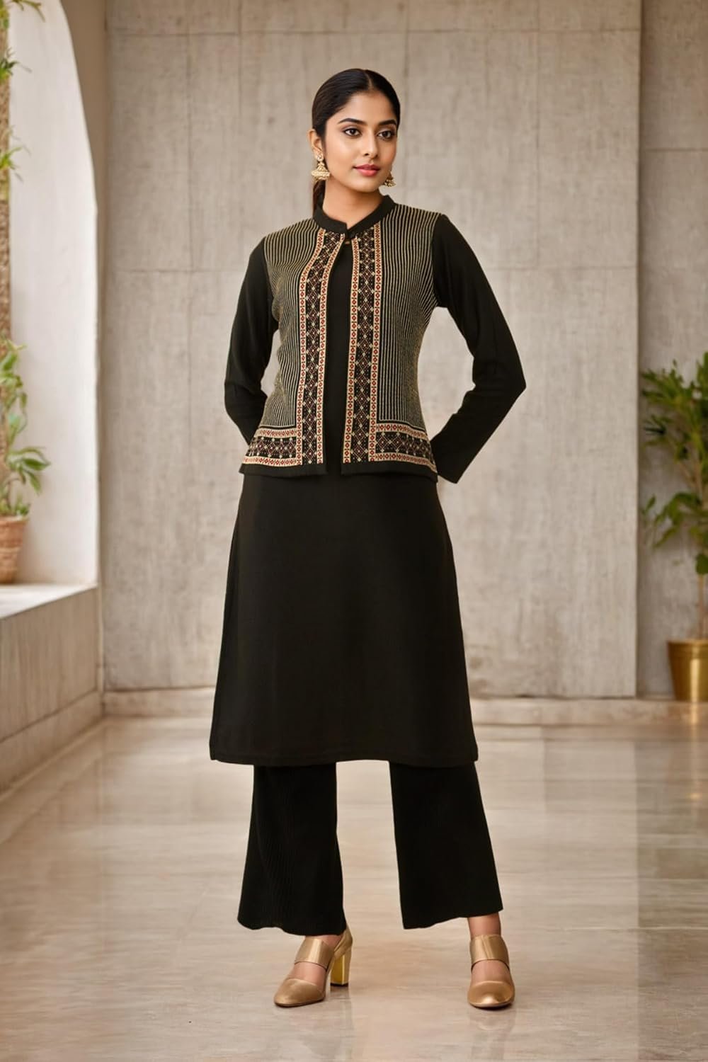 Soch Womens Black Acrylic Straight Winter Kurta with Jacket Overlay