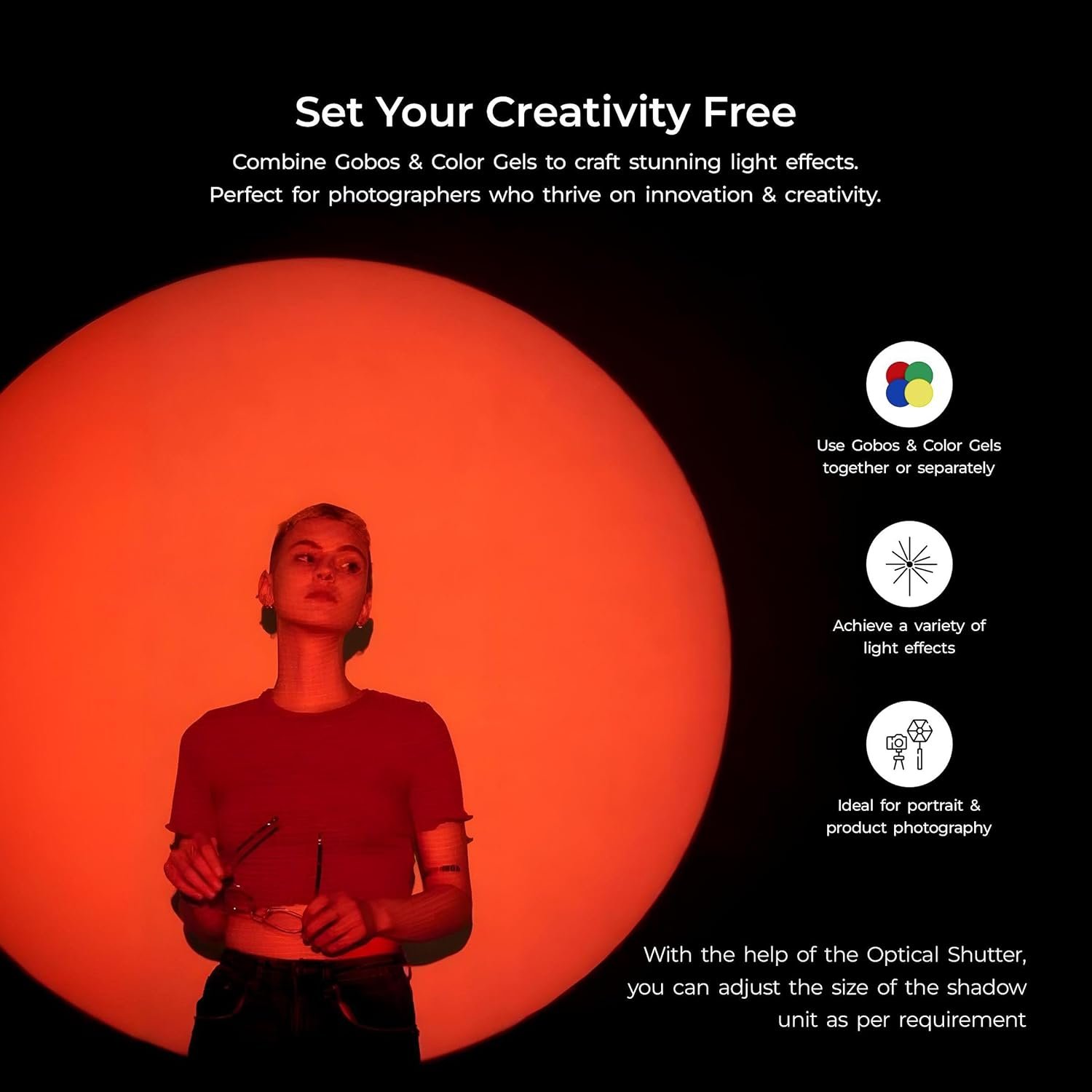 Digitek® (DS 220) Bowens Mount Optical Snoot Kit with 20 Stainless Steel GOBOs & 4X Color Gels (Red/Yellow/Green/Blue), Multifunction Focus Ring, Premium Metal Construction - Image 3