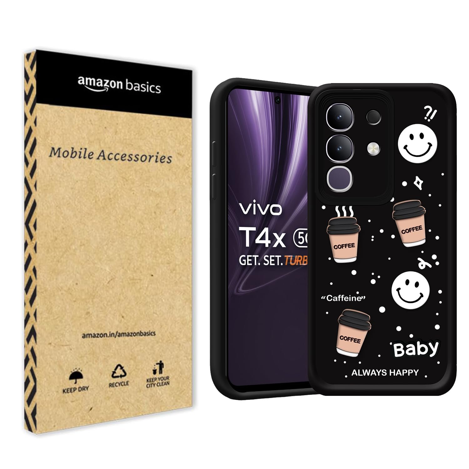 amazon basics Back Case Cover Compatible for Vivo T4X 5G | Cute Fun Cartoon 3D Ball | Coffee Silicone Case | Camera Protection | Body Protection | Shock Proof | Color Black - Image 2