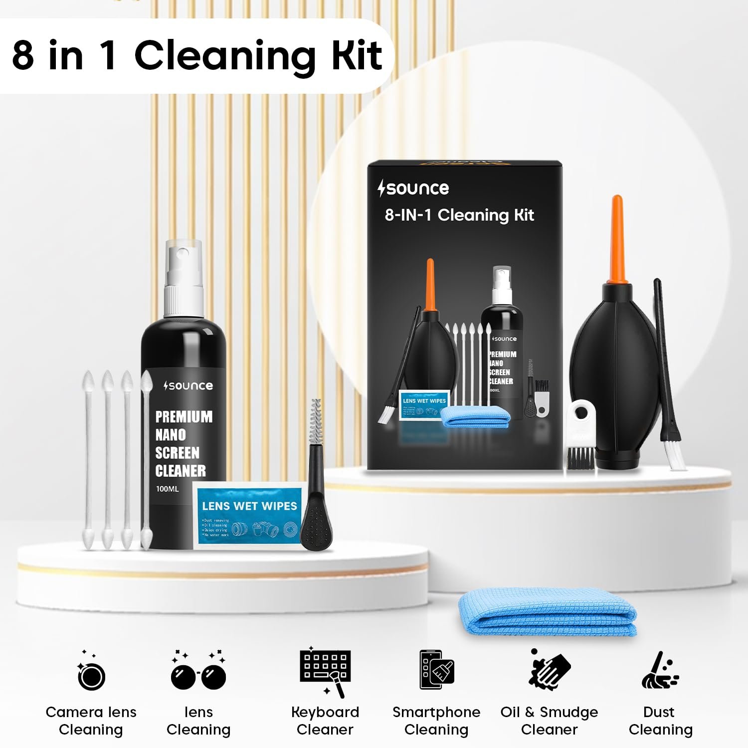 Sounce Professional 8-in-1 Cleaning Kit for Laptop, Tablet, Smartphone, Camera, Earbuds – Includes 100ml Cleaning Solution, Air Blower, Cotton Swabs, Suede Plush, Microfiber Cloth - Image 2