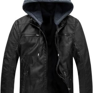 Blaq Ash Men’s Faux Leather Hooded Motorcycle Jacket with Pockets Removable Hood