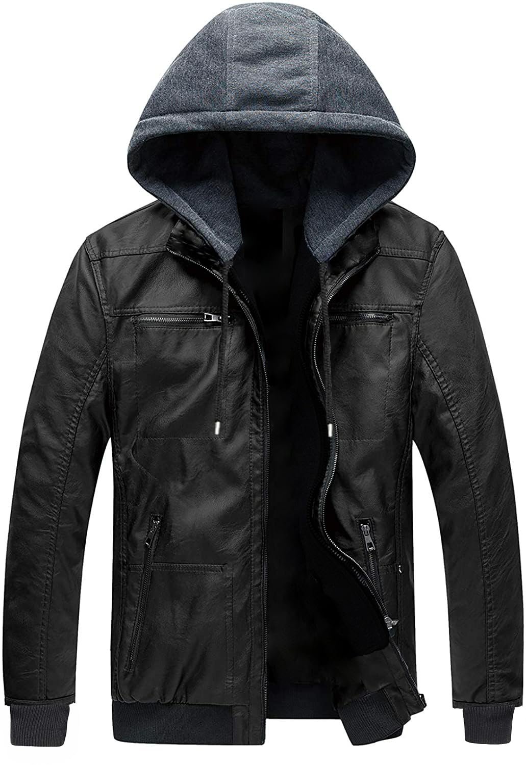 Blaq Ash Men's Faux Leather Hooded Motorcycle Jacket with Pockets Removable Hood
