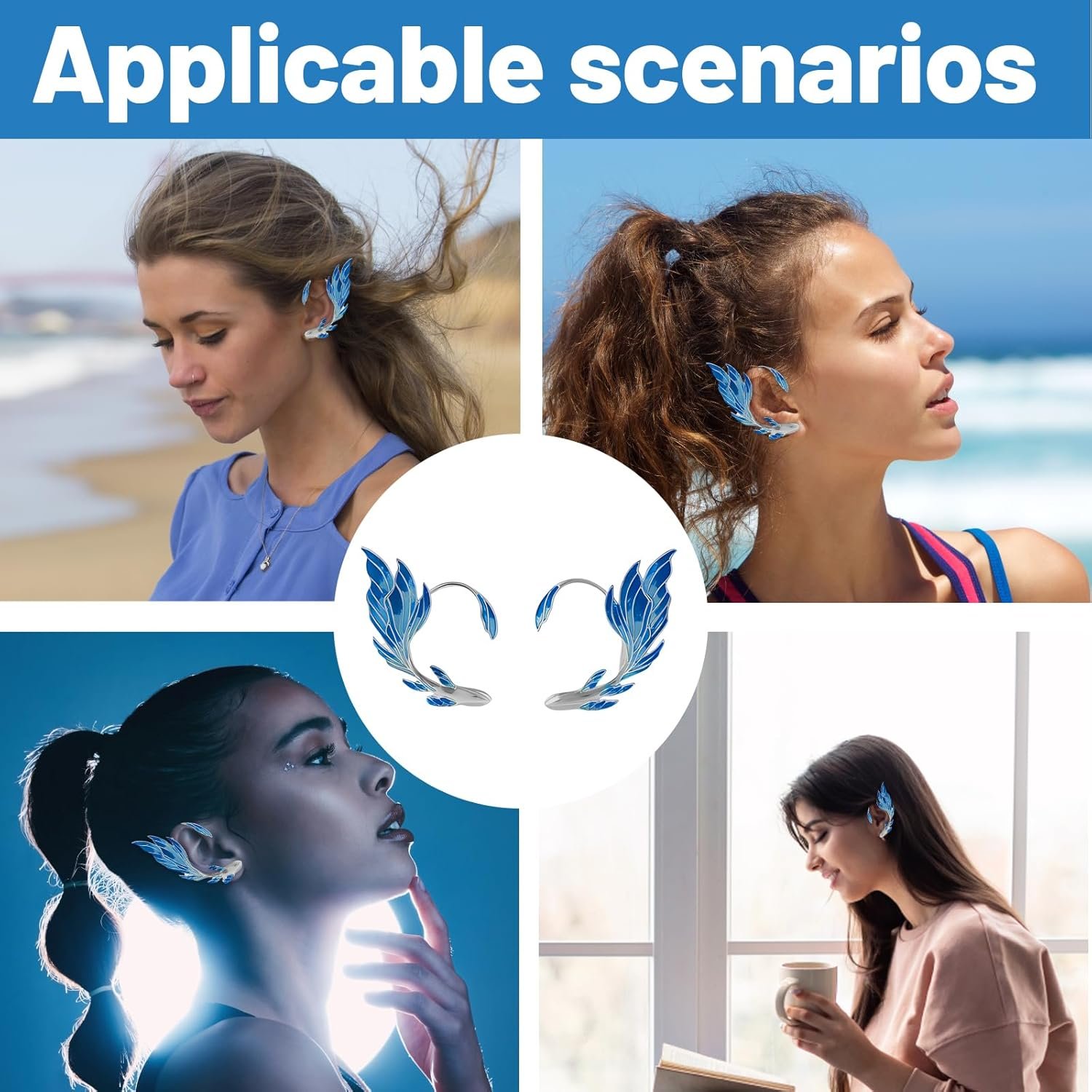 Ear Cuffs Without Piercing, Ear Cuffs Without Piercing, Blue Croissant Cuff Earrings for Men and Women, Fashion Ear Cuff for Parties, Unique Clip-On Ear Accessories - Image 7