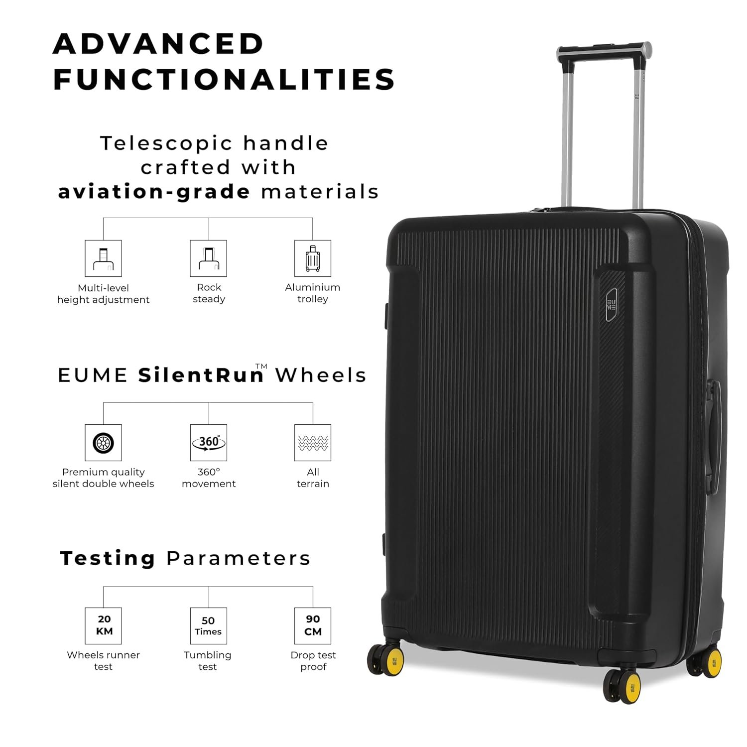 EUME Nomad Trolley Bags for Travel Large Size, Travel Bags for Luggage Trolley, Charcoal Black, 76 cms | Polypropylene (PP) 8 SilentRun Wheels Suitcase | - Image 8